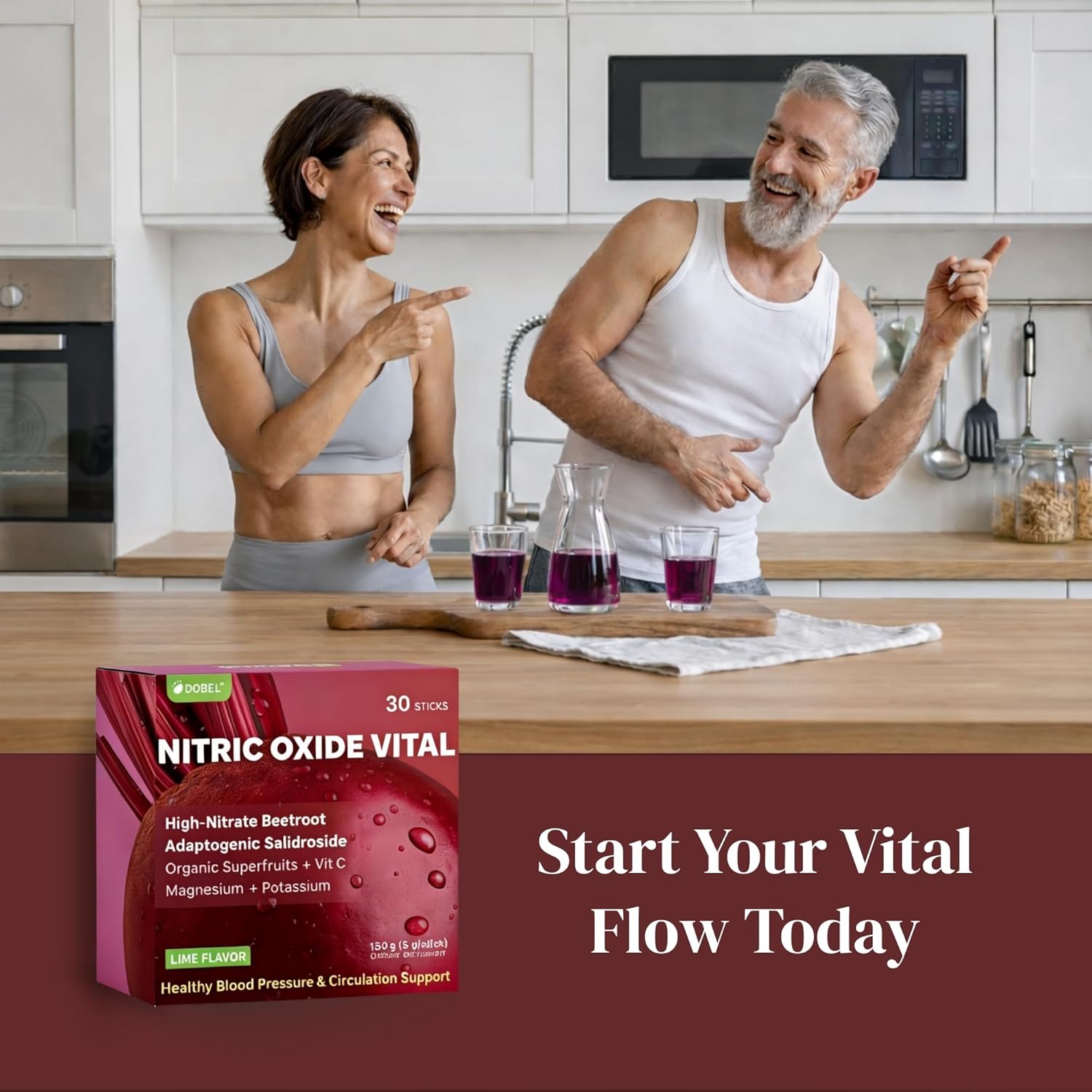 DOBEL Vital Nitric Oxide Beet Root Powder for Healthy Blood Pressure Support - Blood Flow & Circulation Support Supplement with Magnesium Taurate, Organic Pomegranate & Adaptogen - 30 Stick Packs