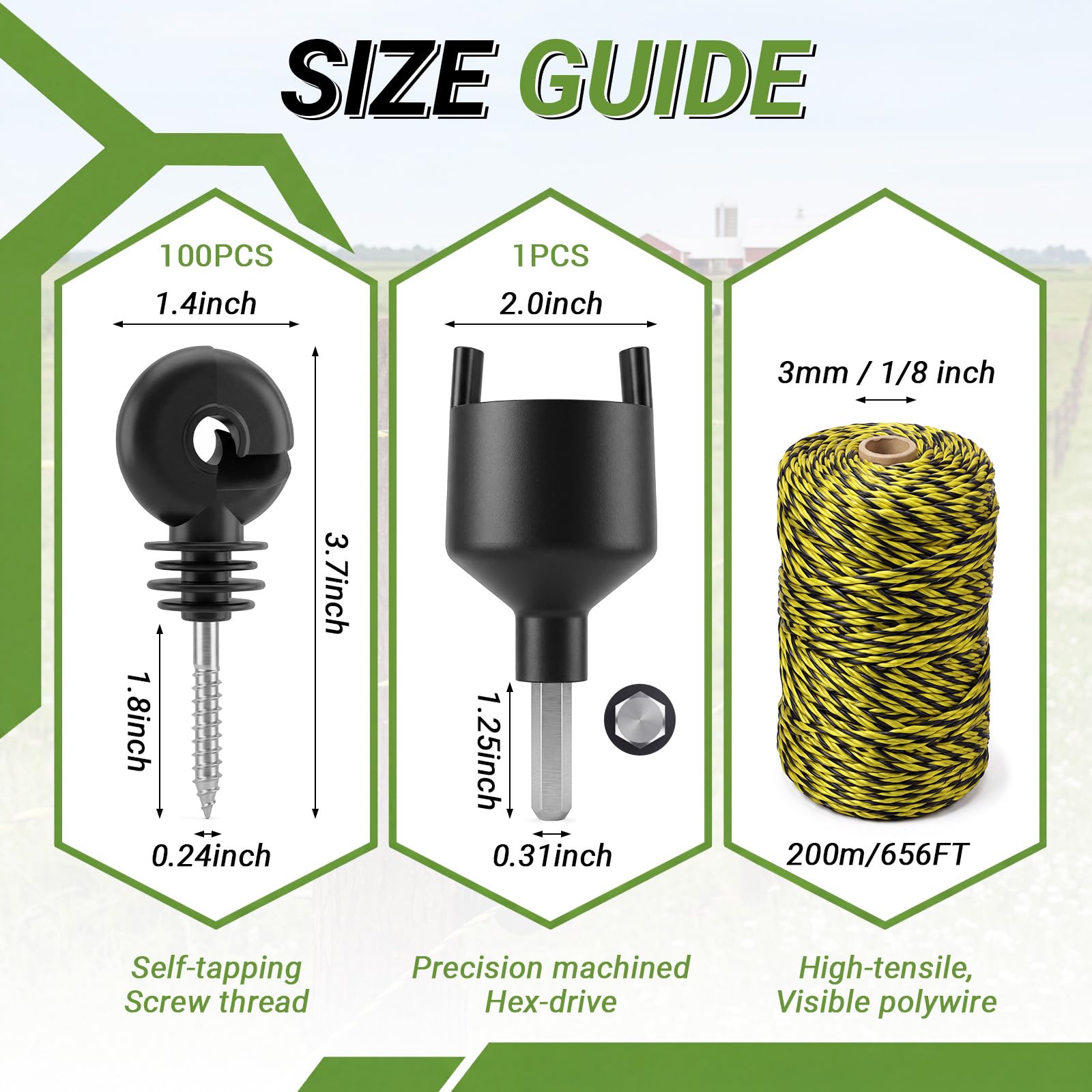 Tudomro Kit de 102 cables de valla eléctrica, 100 aisladores de valla eléctrica, 1 rollo de alambre de poliéster de acero inoxidable de 3 mm, 1 herramienta de enchufe aislante para una conductividad
