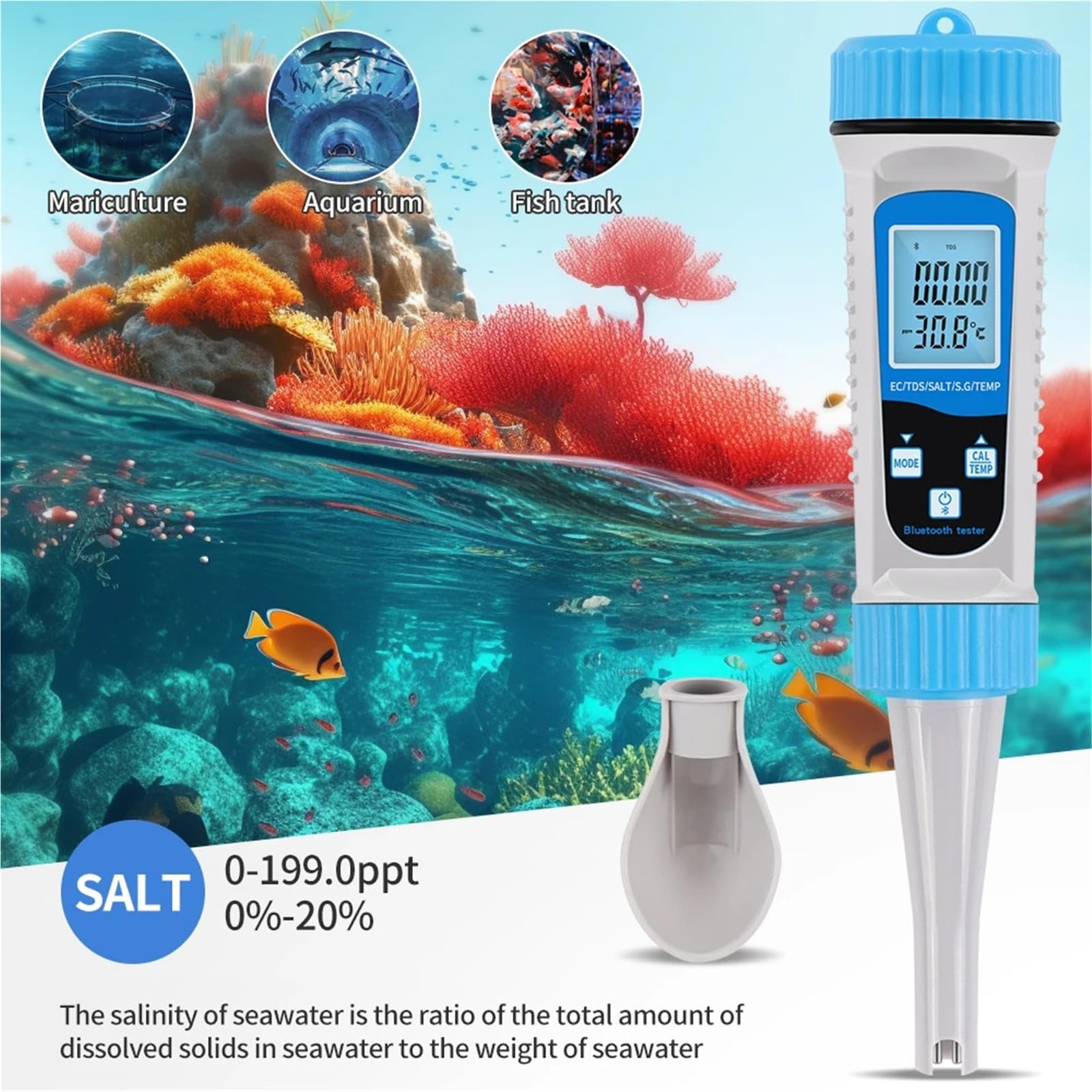 Misuratore di qualità acqua Bluetooth 5 in 1 TDS/PH/Salinità/Temp/EC for acquari idroponici, piscine e rilevatore di qualità acqua