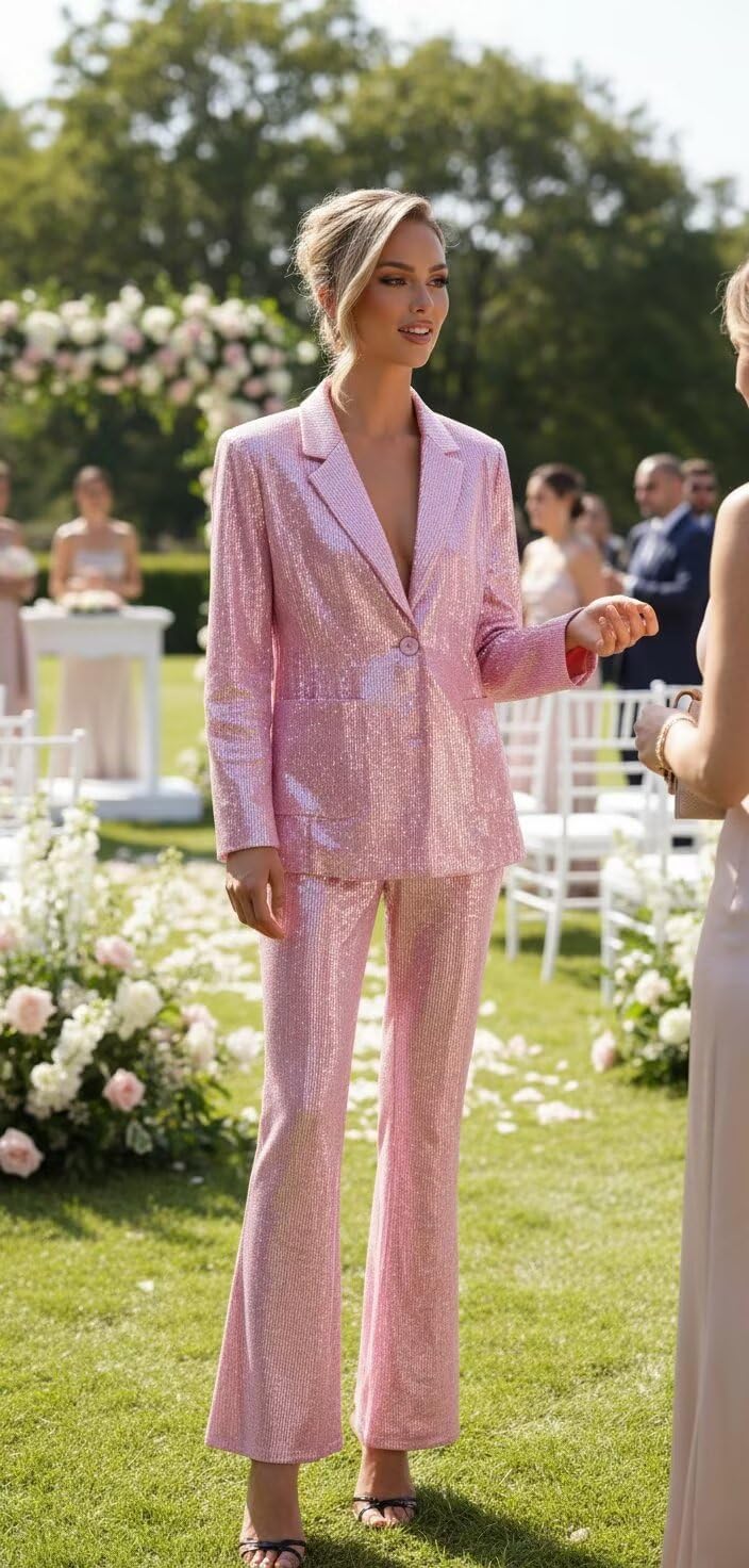 Sequin Pants Suit for Women Dressy V Neck 2 Piece Suit Set Sparkly Blazer and Flared Pants Formal Party Outfits