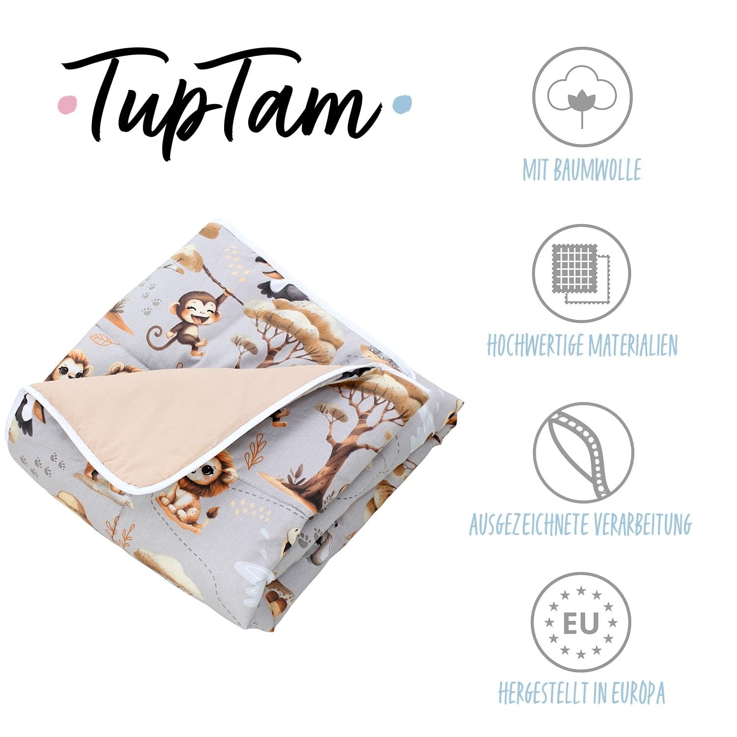 TupTam Tappeto Play Mat Per Bambini e Neonati Coperta 120 x 120 cm Gioco Imbottita XXL, Animali della giungla Grigi/Beige