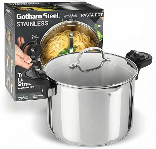 Miniatura 9 de GOTHAM STEEL Olla de Caldo de Acero Inoxidable de 8 Qt Olla Multiusos para Pasta con Tapa Coladora y Asas de Giro y Bloqueo, para Sopa, Espaguetis,