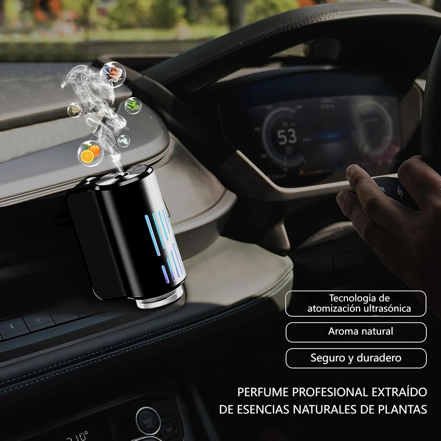 AI Eléctrico Ambientador Coche con 6 perfumes, Nebulizador Ultrasónico, 3 Modos Inteligentes, Encendido/Apagado Automático, Batería Incorporada, Perfume Francés Natural,Fragancia Hasta 12 Meses CFK-6Z