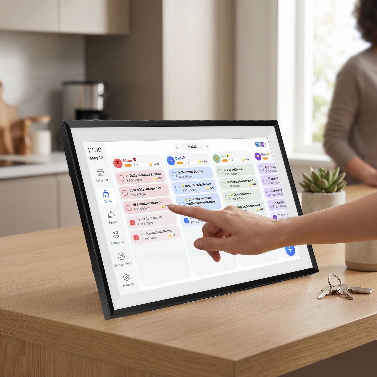 Jectse Digitaler Kalender 15,6-Zoll-Touchscreen, Intelligenter Familienplaner mit Digitalem Fotorahmen und App-Synchronisierung für die Organisation an der Wand oder auf Dem Schreibtisch (EU-Stecker)