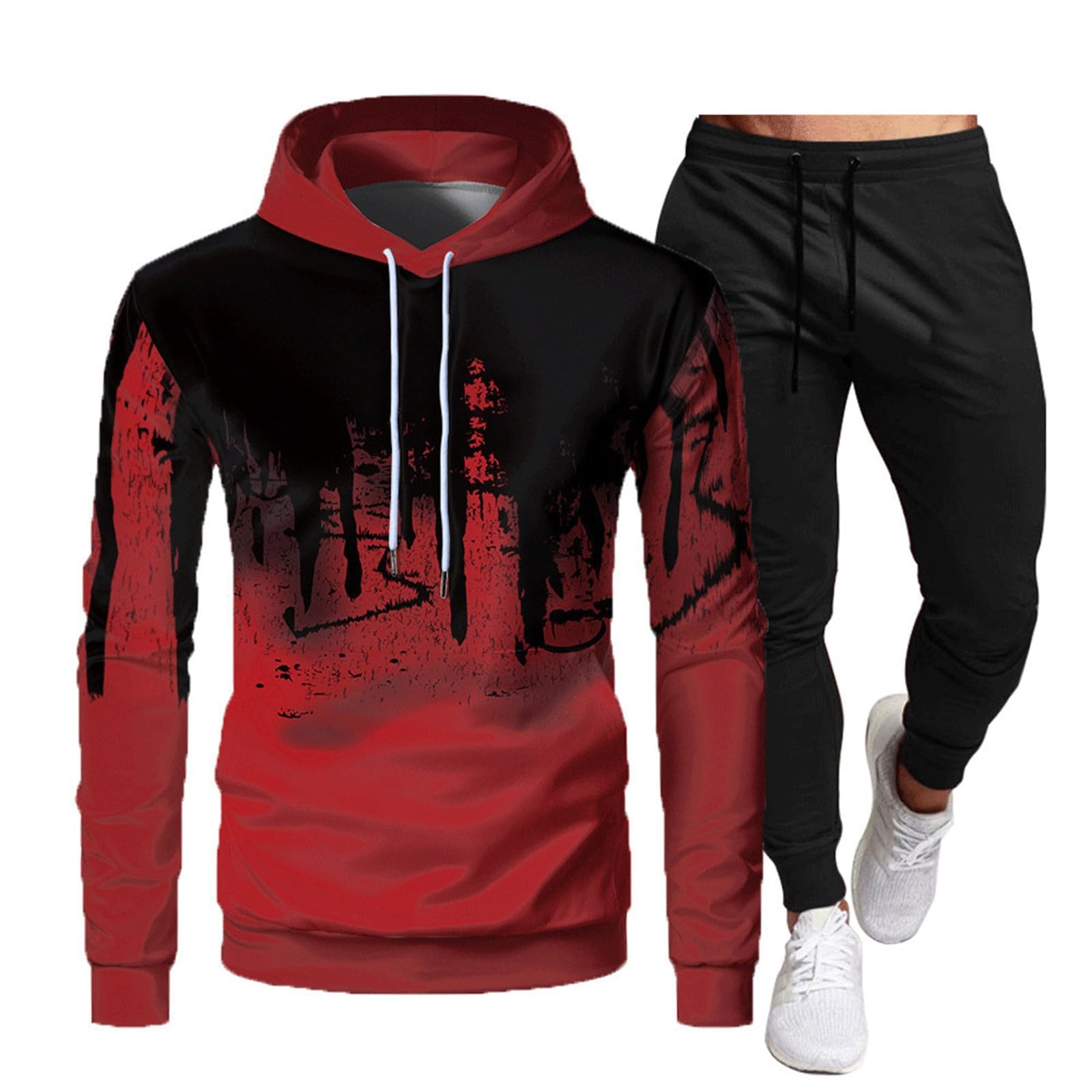 Generisch Tuta da jogging da uomo, 2 pezzi, tuta da ginnastica hip hop, tuta sportiva, a maniche lunghe, calda, per il tempo libero, per lo sport, streatwear con cappuccio e pantaloni da jogging