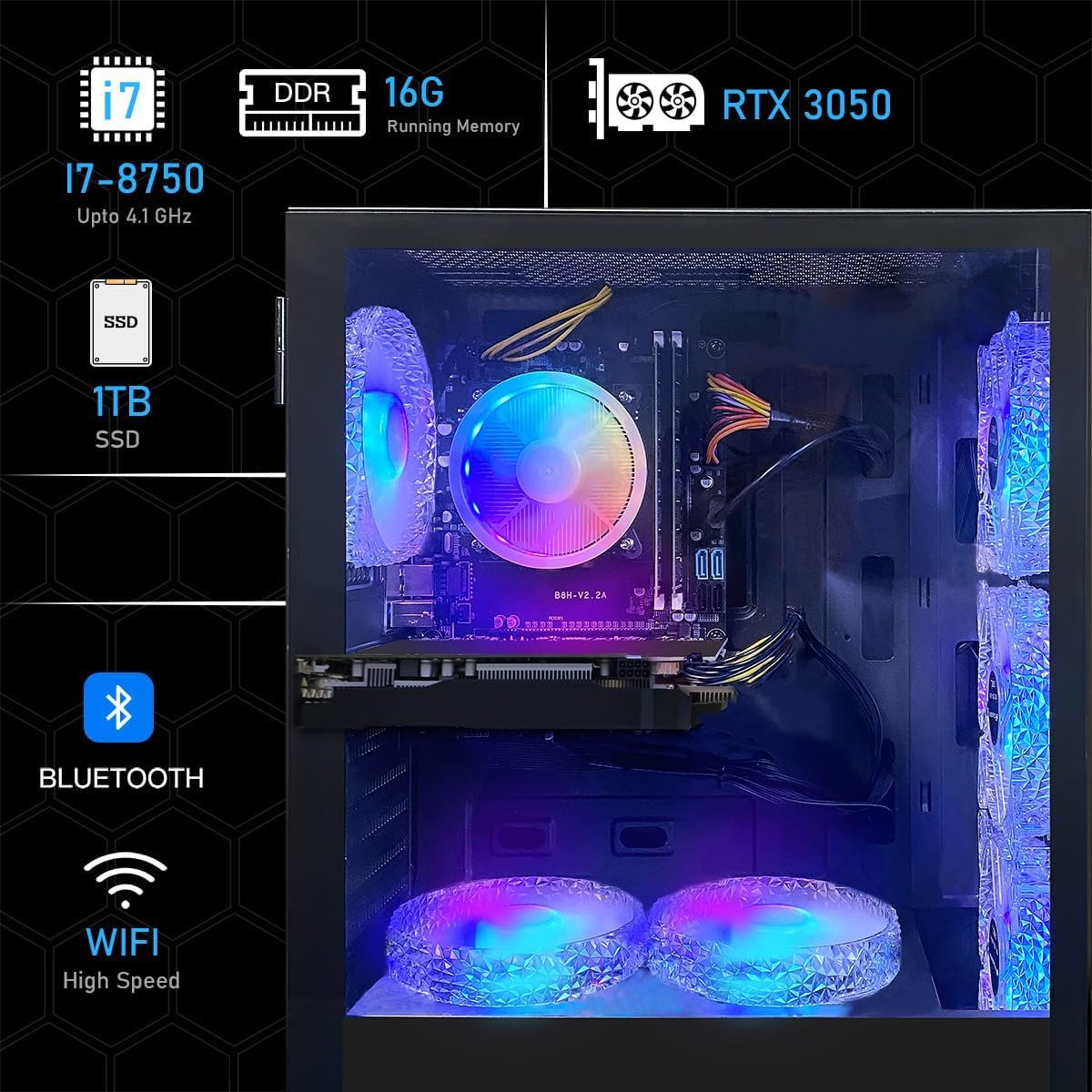 STGAubron Gaming PC Computer Desktop, Intel Core i7 8th Gen up to 4.1GHz, GeForce RTX 3050 6G, 16G DDR4, 1T SSD, WiFi 6, BT 5.2, RGB Fan x6, Windows 11 Home