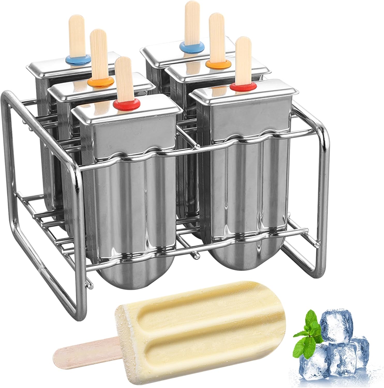 Popsicles Molds, Stainless Steel Popsicle Molds 6Pcs Set 2x1x4 Inch Food-Grade Popsicle Molds with Sticks Lid Stand, Popsicle Maker Mold Set, Popsicle Maker