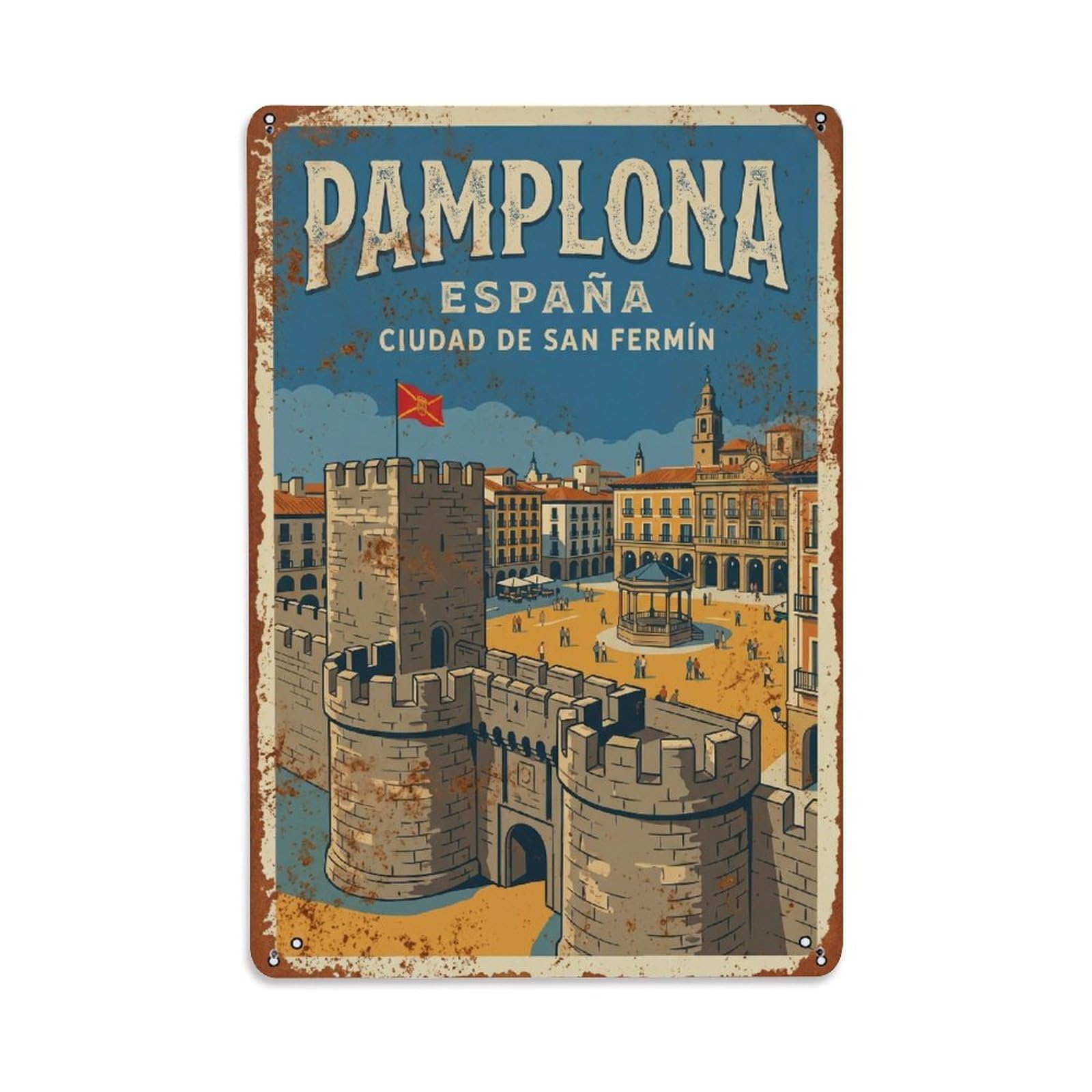 Cmhok Vintage Style Vintage Travel Pamplona Spain Metal Tin Sign Wall Decor For Cafe, Club, Garden Metal Poster 8X12inch
