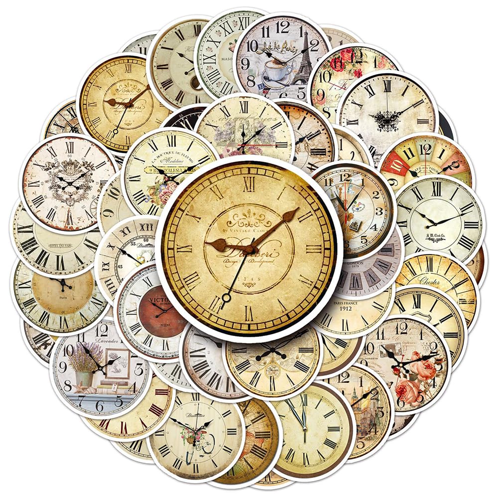 Vintage Clock Vinyl Stickers, 50 PCS Waterproof Illustrated Icon Decals for Laptops Scrapbooking, Journals, Notebooks