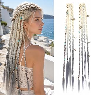 THEMIS HAIR Clip-In Boho Braid Hair Extensions, 20 Inch, Blonde w/Gray