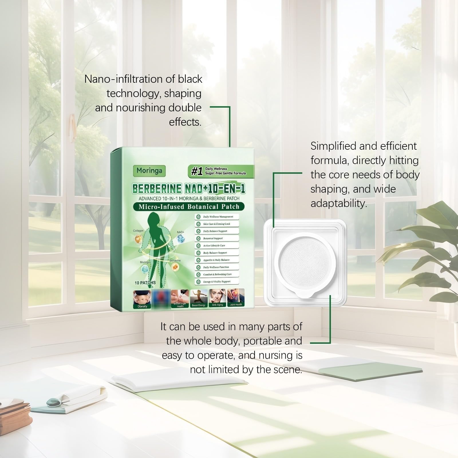 Naszywki sylwetki 10 w 1, Berberyna, Moringa i NAD+, lekkie ciało | Plastry do pielęgnacji ciała z berberyną i moringą - formuła 10 w 1 z NAD+ i kurkuminą - lekkie wsparcie i witalność