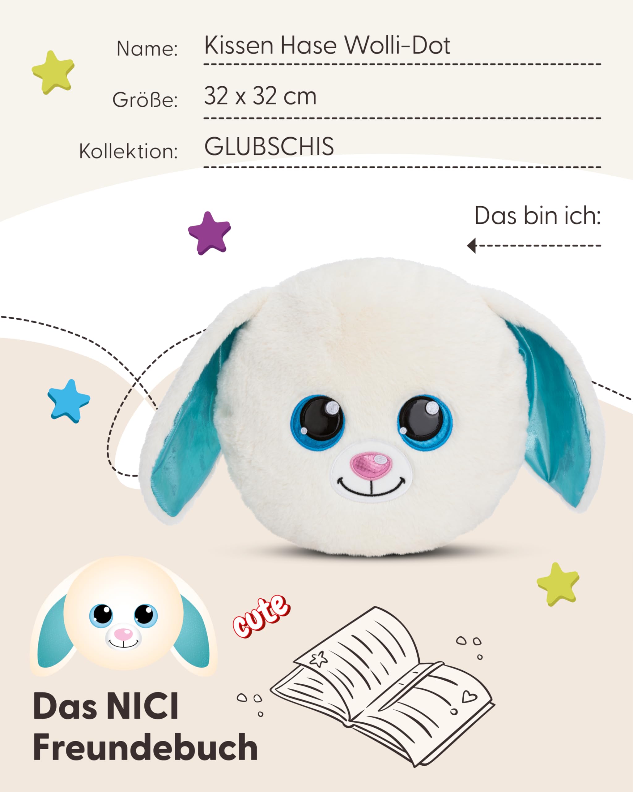 NICI Kuscheltier Kissen GLUBSCHIS Hase Wolli-Dot 32 x 32 cm - Flauschig-weiches Kuschelkissen für Babys & Kleinkinder, Kinderkissen für Jungs & Mädchen - 61366