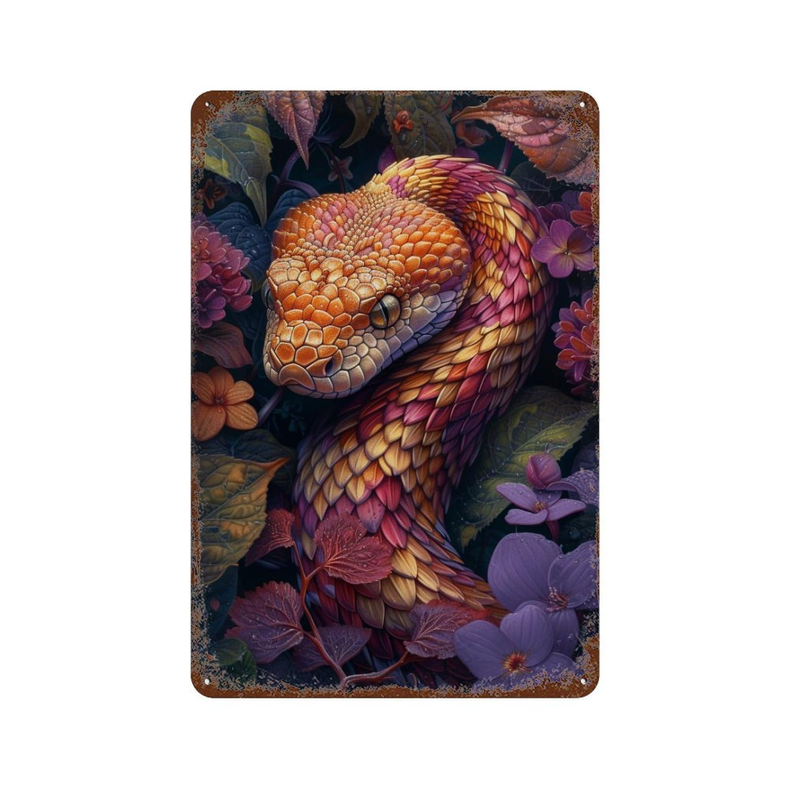 Rust Effect Colorful Snake Artwork-1 Aged Metal Wall Plaque 11.8"x7.9", Classic Wall Plaque for Basement, Hobby Room And Garage Decor