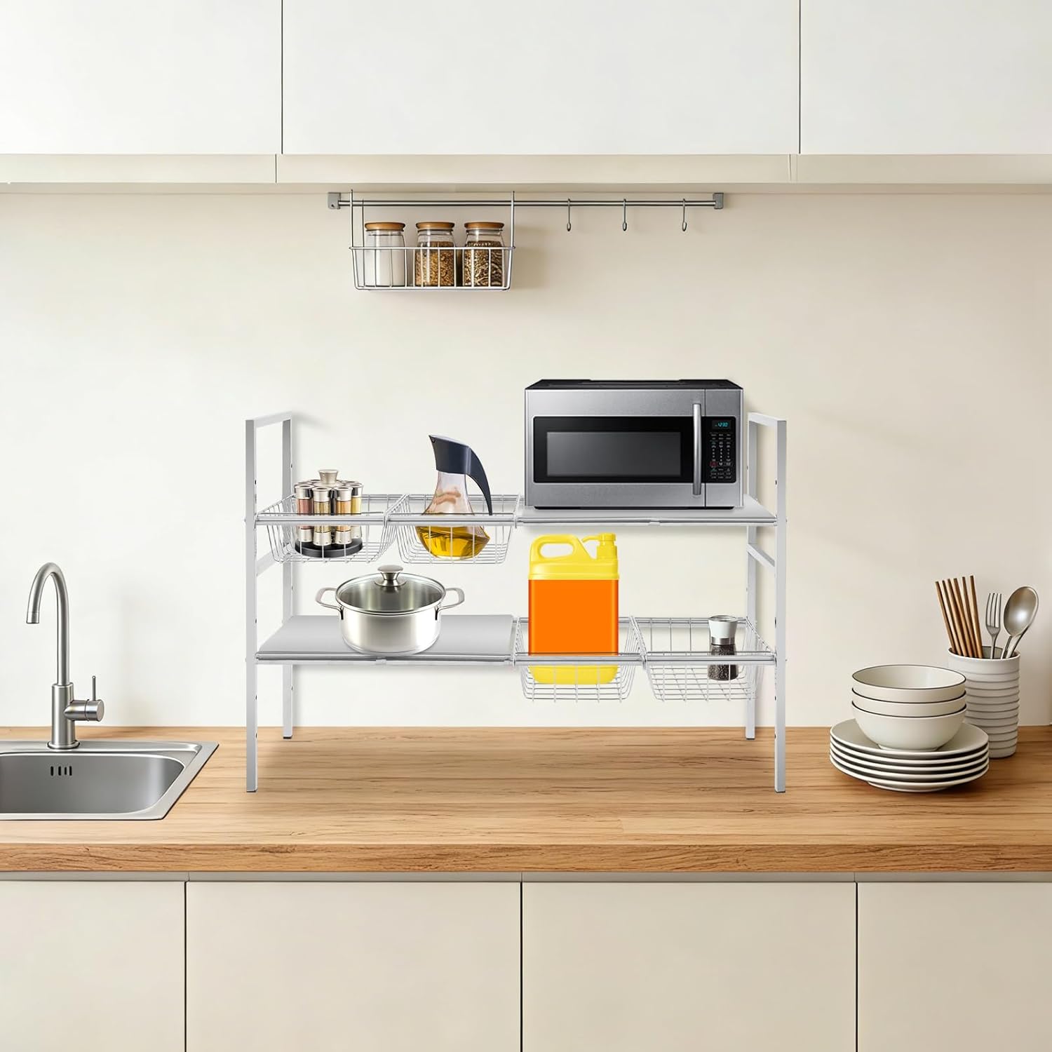 2-Tier Under Sink Organizer, Adjustable 20.9-34.6 Inch, Stainless Steel Cabinet Shelf with 4 Baskets, Cream White (Silver)