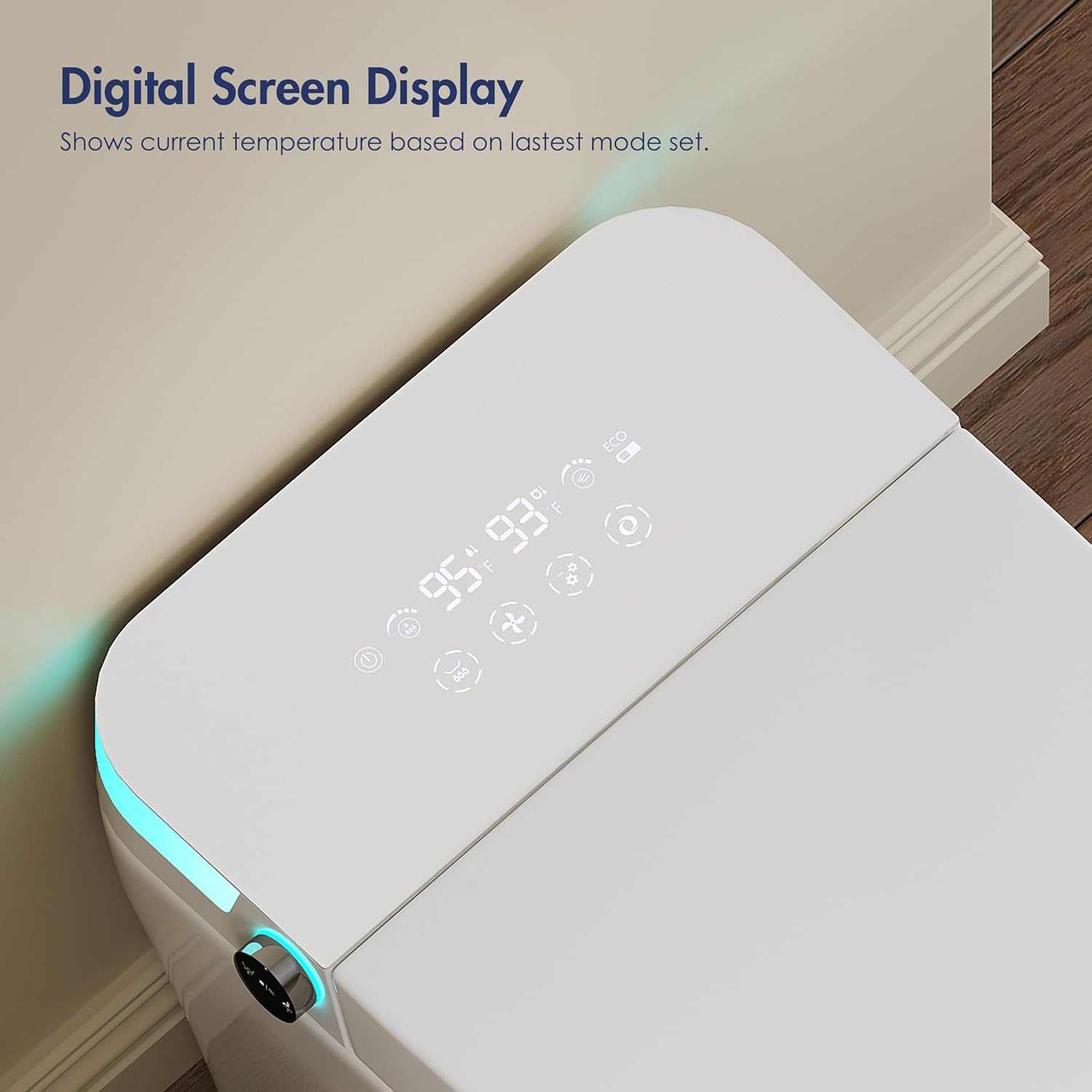 Image of the Eridanus Smart Toilet remote control, displaying buttons for various functions like Stop/Reset, Children/Pulsate, Rear/Pulsate, Flush/Setting, Female/Pulsate, Dryer, Water Pressure adjustment, Position adjustment, Hot/Cold, Light, High/Low, Water Temp, Wind Temp, Seat Temp, and Power.