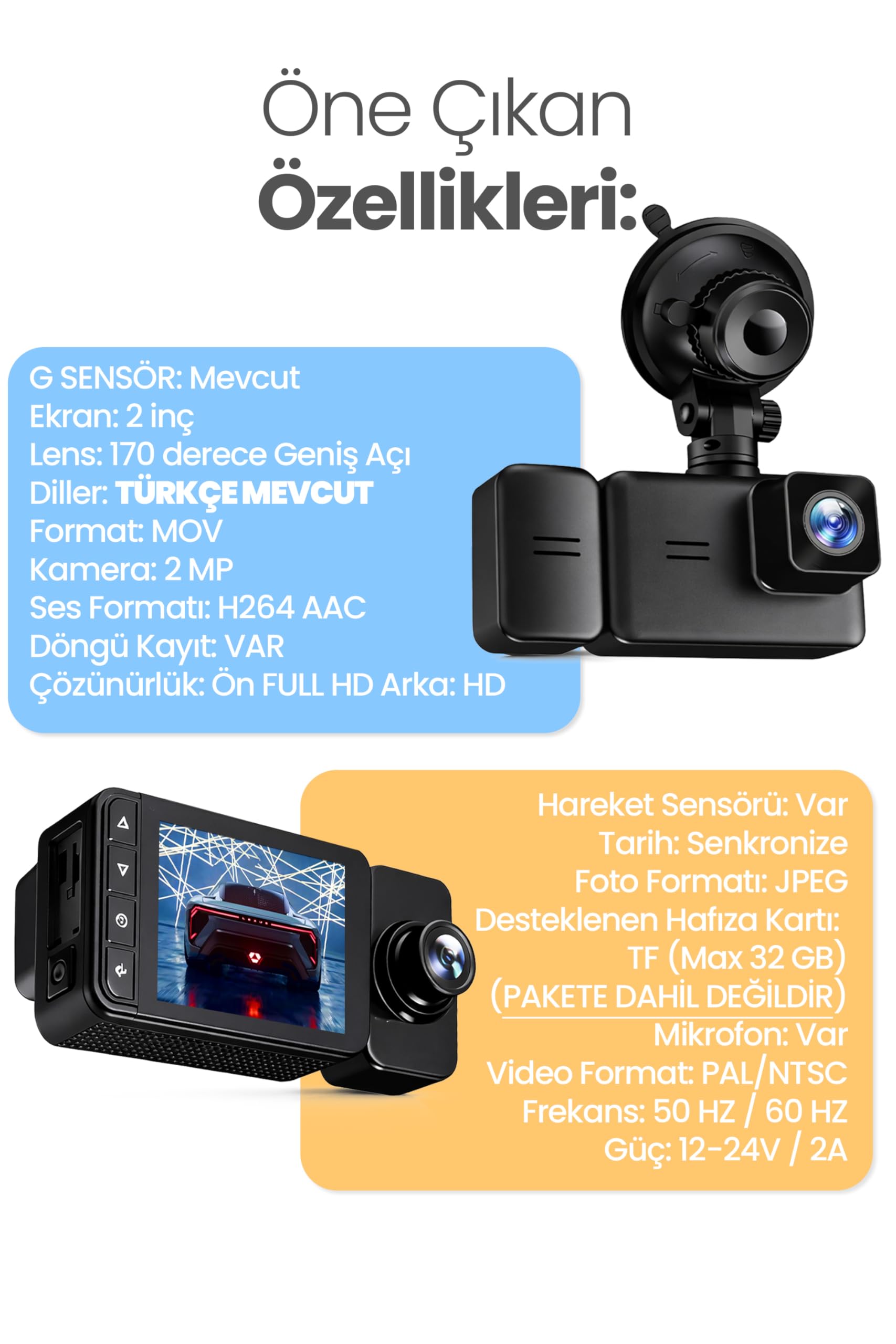3 Kameralı Wifi Ekran Araç Kamerası FullHD Geniş Ön + Arka + Araç İçi Kamera Hareket Sensörü EF1313