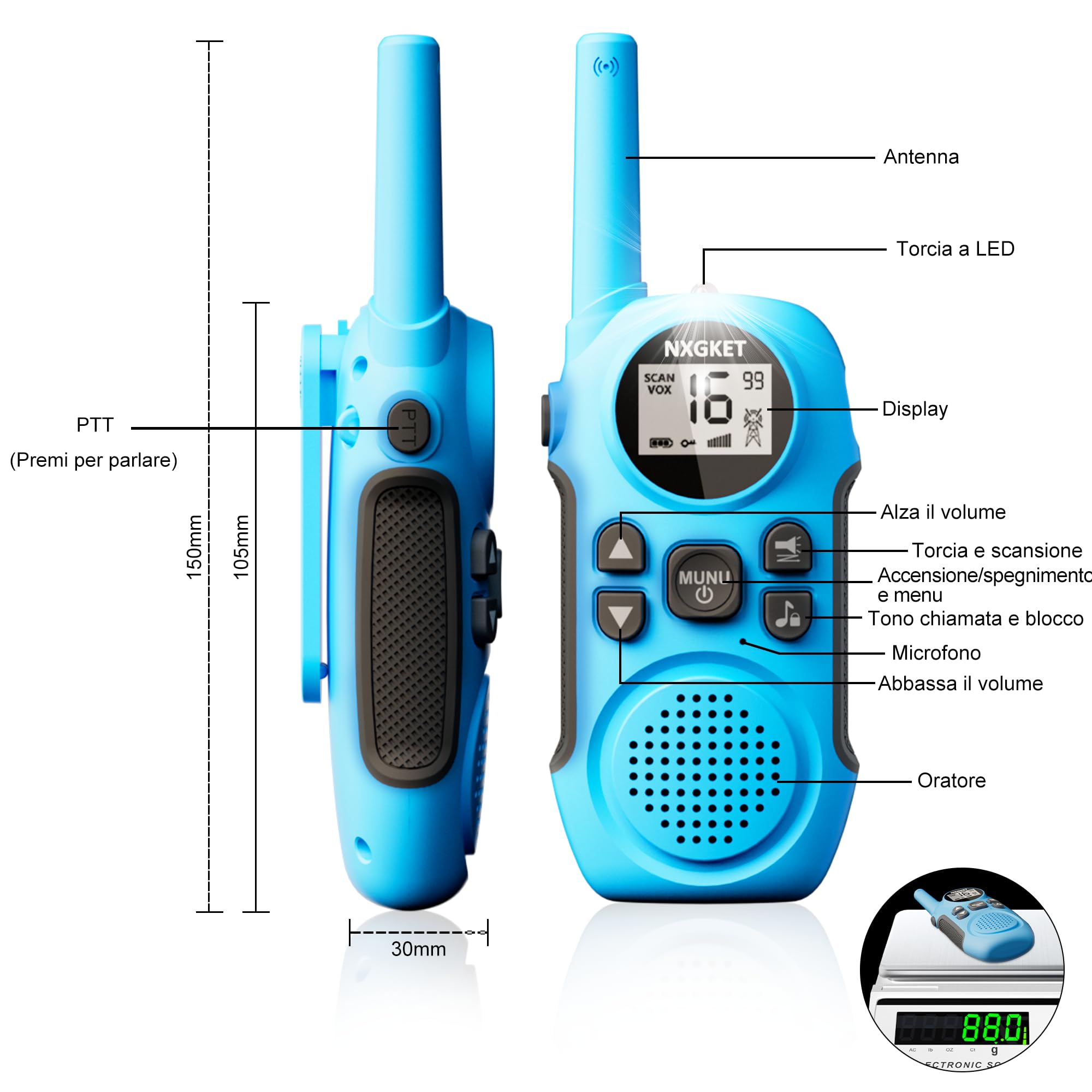 Walkie Talkie Professionali Ricaricabili per Bambini,NXGKET Radioline Woki Toki 16 Canali,Batteria Integrata,Con Torcia per Giochi all'aperto Campeggio Escursionismo,Regali per 3-12 Ragazze 2 pezzi