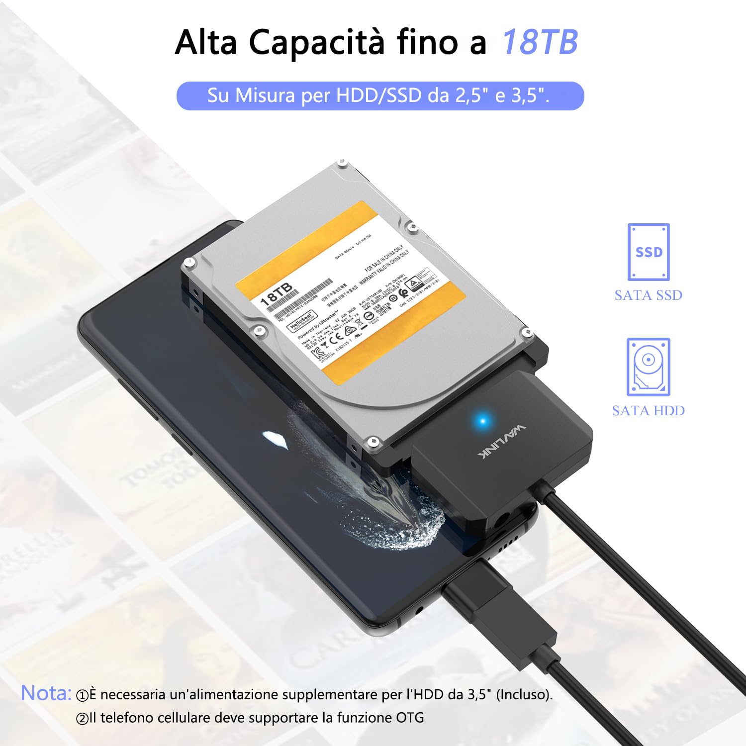WAVLINK Cavo Adattatore da USB3.0 a SATA III per Disco Rigido, Convertitore da SATA a USB A 5Gbps, Connettore per Disco Rigido Esterno per HDD/SSD da 2,5"/3,5", Adattatore di Alimentazione Incluso