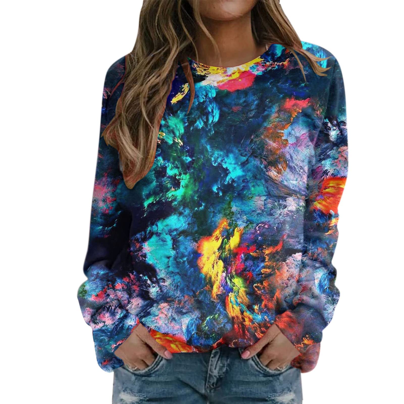 Sweatshirt femme bleu imprimé dégradé col rond pull ample coupe longue confortable