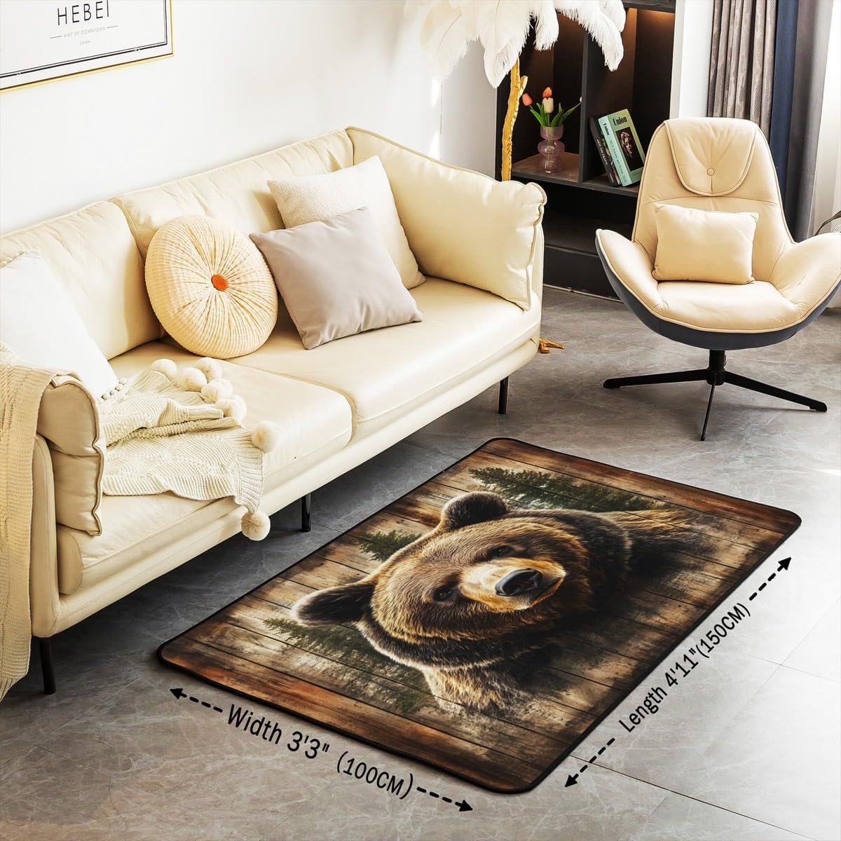 Erosebridal Bear Area Rug 4'11" x 3'3" for Bedroom Living Room Playroom,Hunting Theme Carpet,Rustic Cabin Lodge Indoor Floor Mat Non Slip,Vintage Wooden Plank Decorative Rug