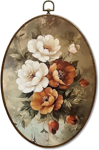 JQF Decoración de pared ovalada floral vintage, lienzo ovalado floral Cottagecore, arte de pared, impresiones botánicas retro de granja, decoración