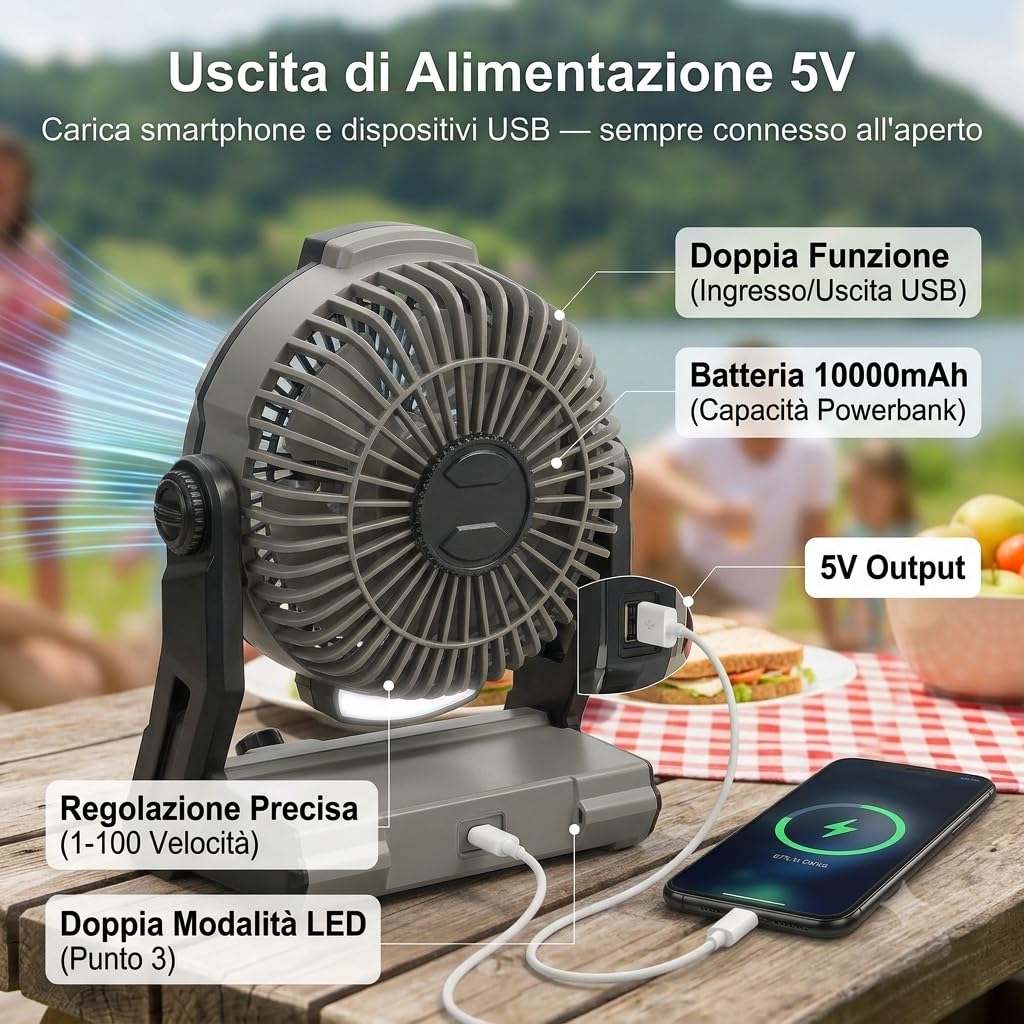 Ventilatore da campeggio ricaricabile con power bank da 10000 mAh, 25 ore di durata ventilatore da soffitto portatile da scrivania con timer, luce LED a 2 livelli per esterni, per camper e