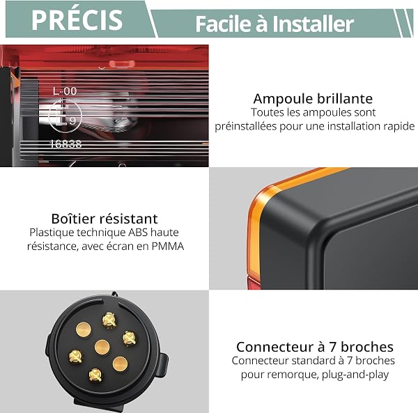 COLFULINE Lot De 2 Feu Remorque Arriere Kit De Montage De Feu Arrière 7,5m Câble 7 Broches 12V Homologué ECE IP65 Étanche Pour Voitures Camions Caravanes Bateaux -Installation Magnétique - 5