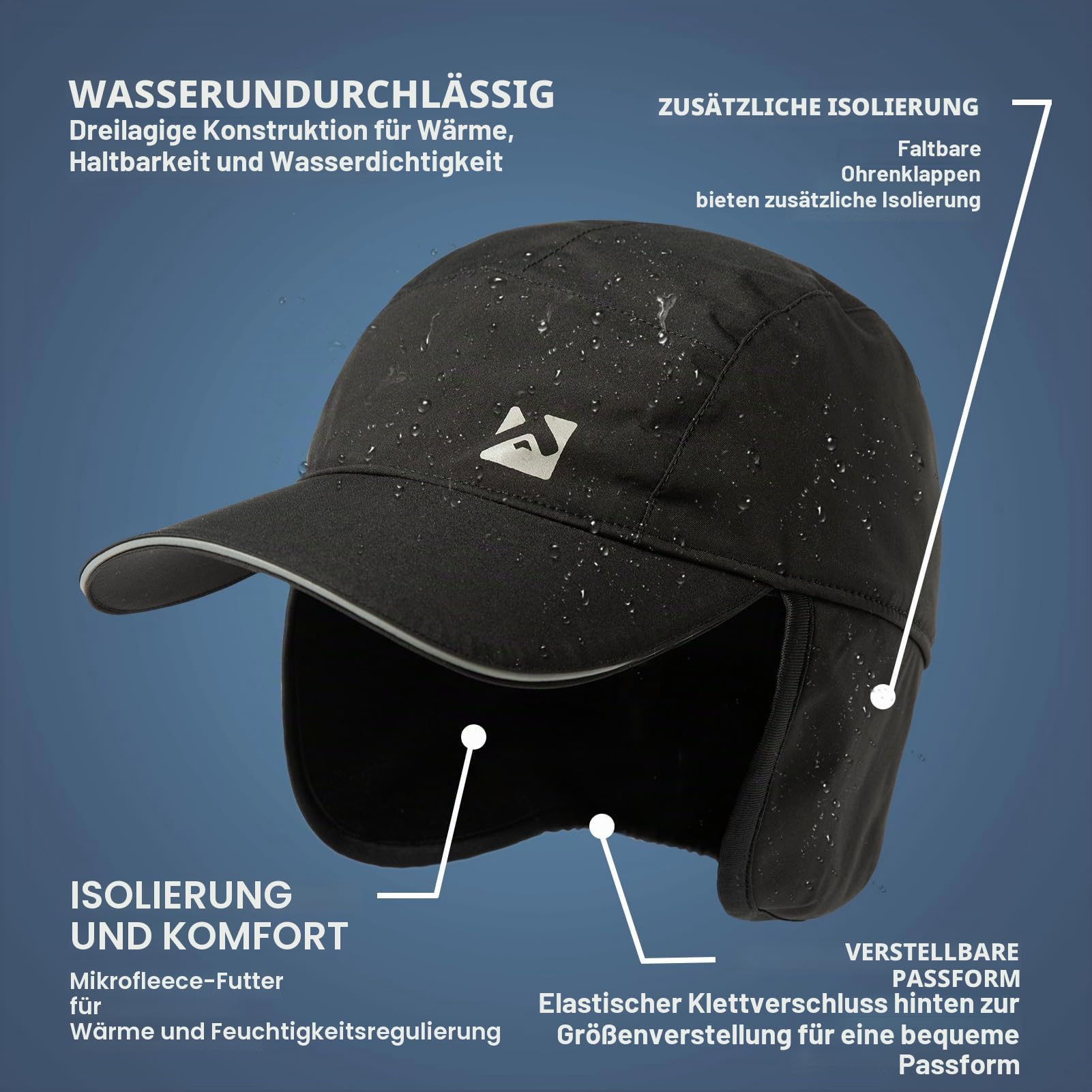 TOP-EX Oversize XL XXL Herren wasserdichte Winter-Baseballkappe mit Fleece-Ohrklappen und Fallensteller-Hut für kaltes Wetter große Köpfe