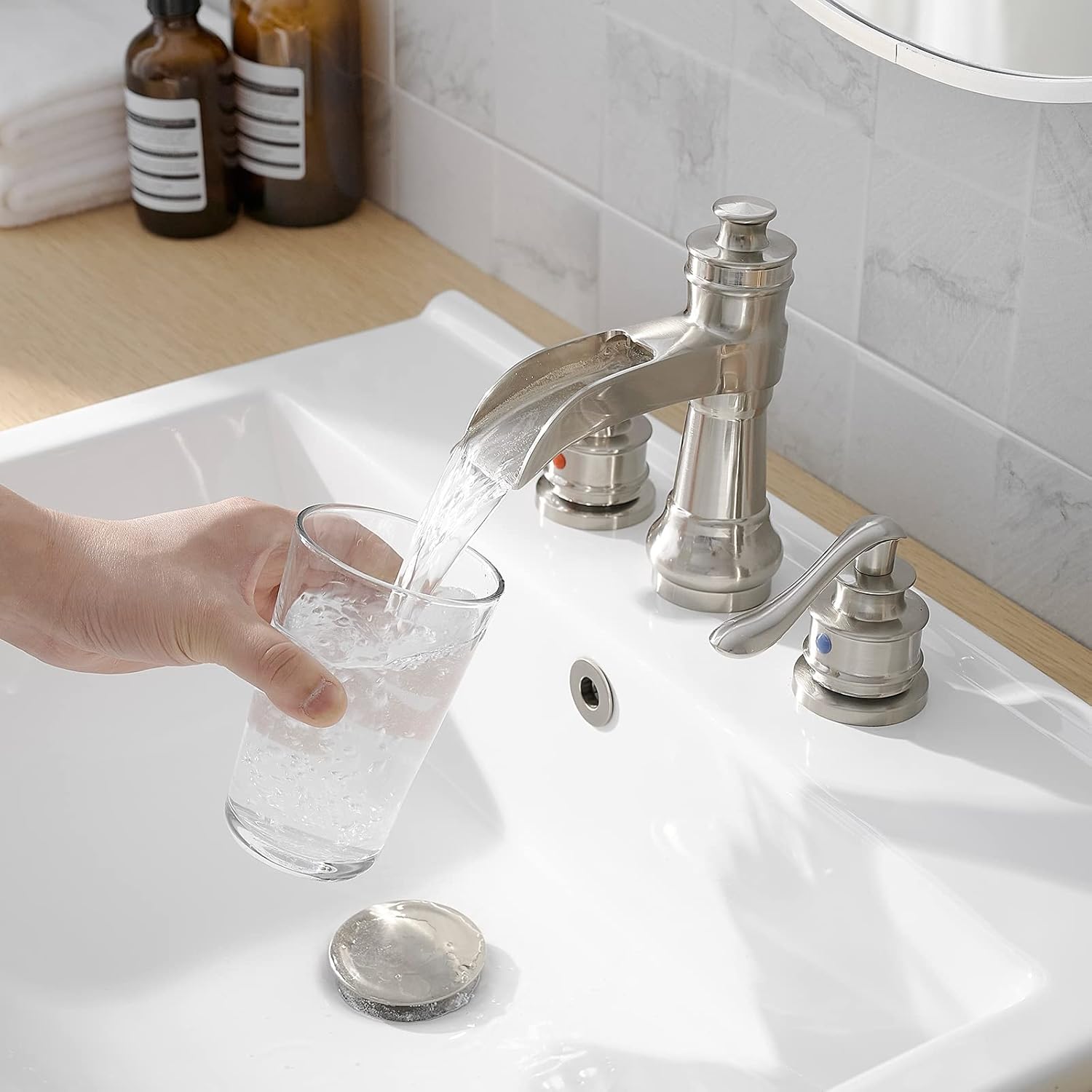 Brushed Nickel Bathroom Faucet 3 Hole or 8 Inch Widespread Tap, 2 Handle Brass Waterfall Faucet for Bathroom Sink 3 Hole Mounted with Pop-up Drain and Supply Line