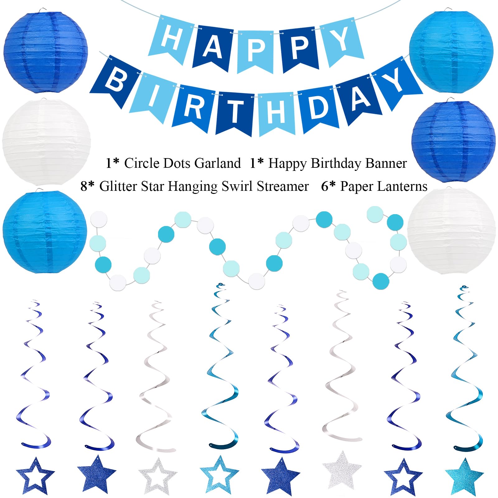 Decorazioni di buon compleanno, set di decorazioni per feste di compleanno blu con striscione di buon compleanno, lanterne di carta, decorazioni da appendere a spirale a stella e ghirlanda a pois
