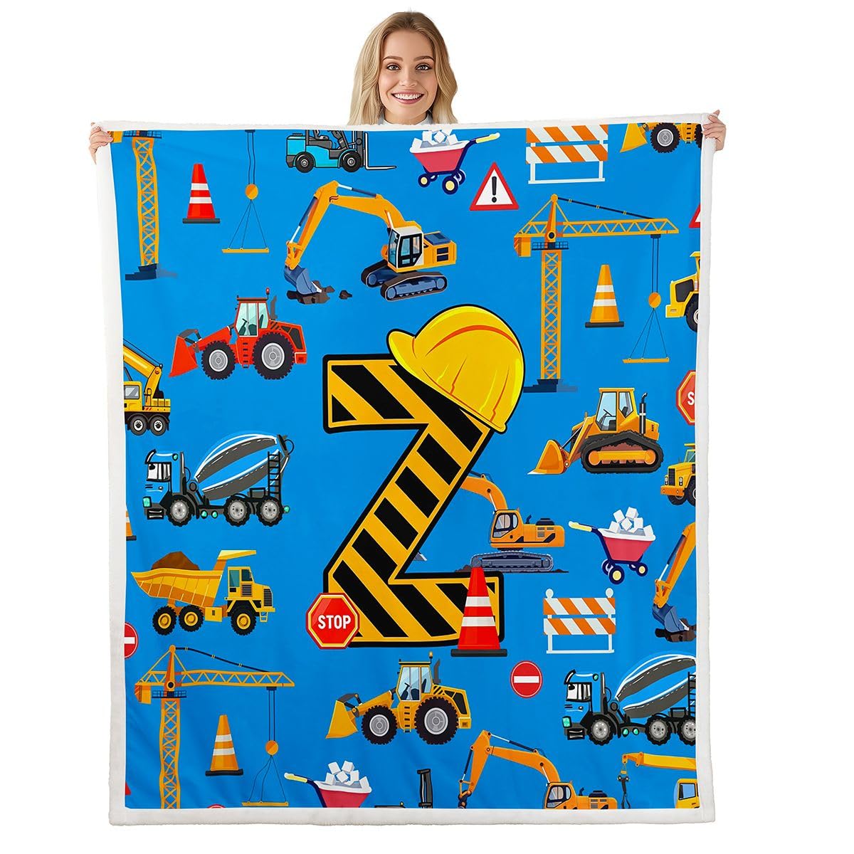 Loussiesd Pojazdy budowlane koc polarowy koparka litera Z Sherpa koc dla dzieci kobiet mężczyzn pluszowy puszysty kreskówka samochód traktor królowa 228 x 229 cm na łóżko kanapę krzesło salon