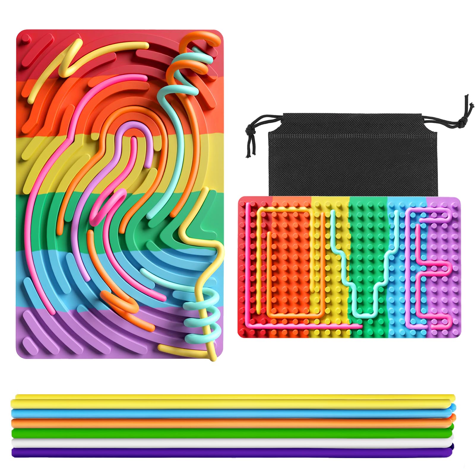 Sensory Fidget Toys for Kids, Silicone Fidget Toy for Calming, Stress, Anxiety, ADHD & Autism | Silent, No Mess | Kids 3+ & Adults | Includes Portable Travel Bag & 11 Strings(Rainbow)