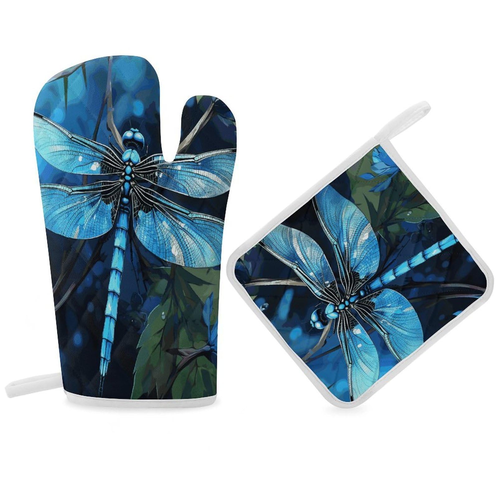 Art Blue Dragonfly Oven Mitt Thick Substantial Heat Insulation Gloves Soft Skin-Friendly Temperature Resistant Oven Mitts for Cooking Lover Cooks