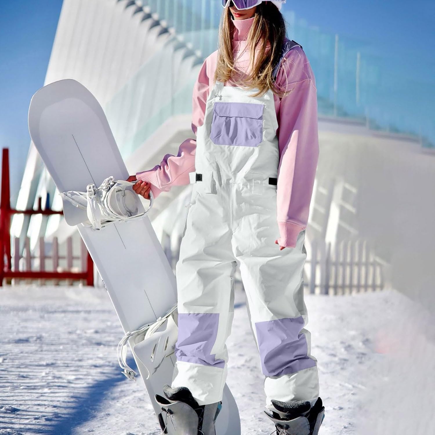 Women'S Color Block Ski Overalls Windproof Thermal Breathable Insulated Ski Pants Waterproof Snow Bibs Ski Pants