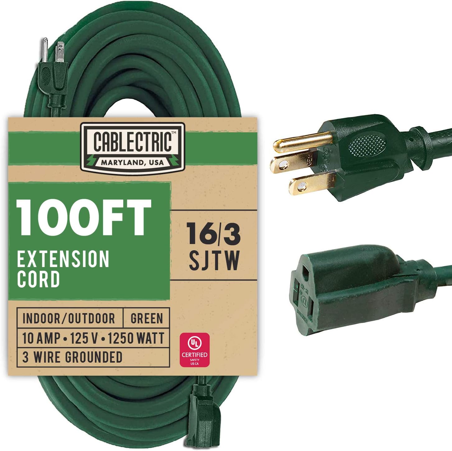 Cablectric 100 ft Outdoor Extension Cord 3 Prong, 16/3 SJTW