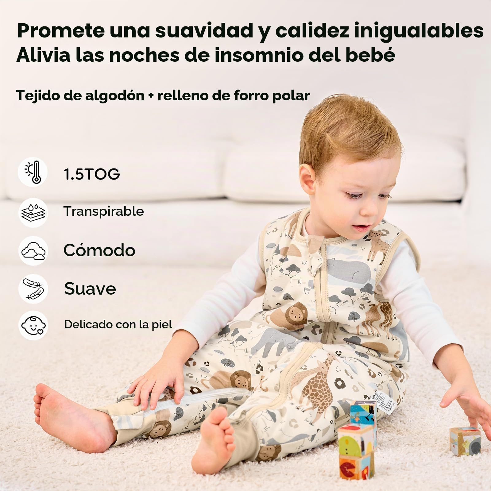 Unnivoll Saco de dormir para bebé 1.5 Tog, 2 unidades, algodón, saco de dormir durante todo el año, saco de dormir con patas de bebé, flexible, 100 cm, para niño y niña