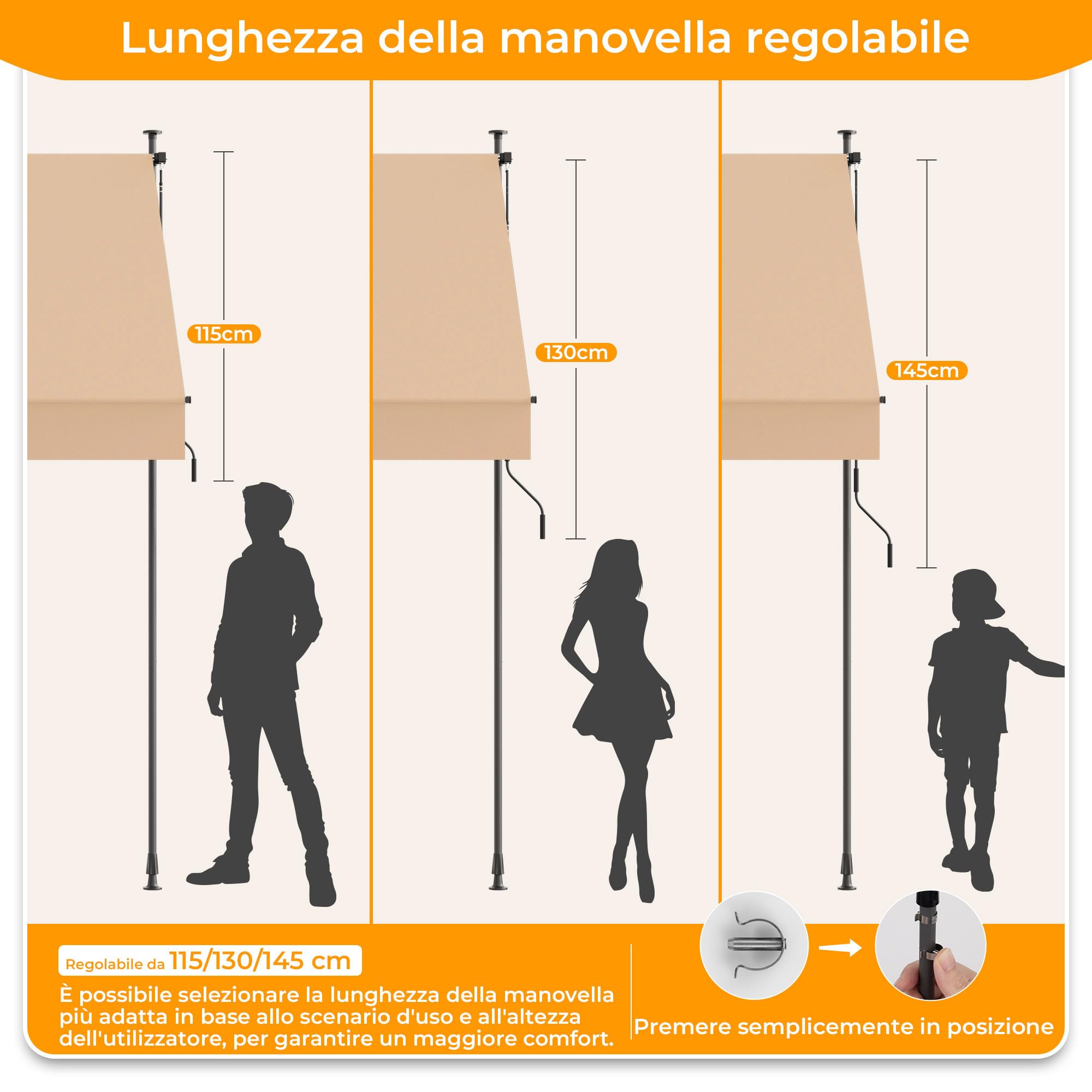 Tenda da Sole a Morsetto con manovella regolabile, Impermeabile Anti-UV, 200 cm x (120-150) cm Cachi