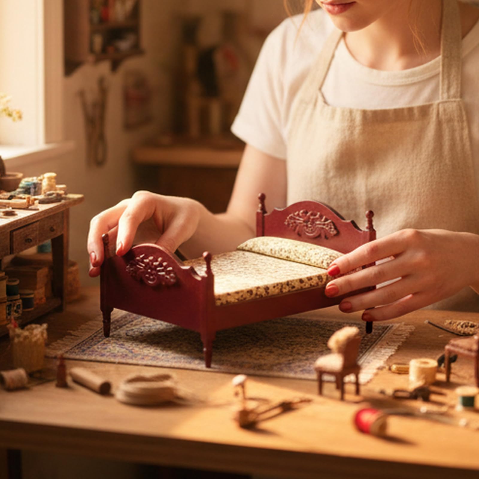 Mobili in miniatura per casa delle bambole in legno, letto con materasso e cuscino, scala 1 e 12, accessori decorativi per casa delle bambole (rosso)