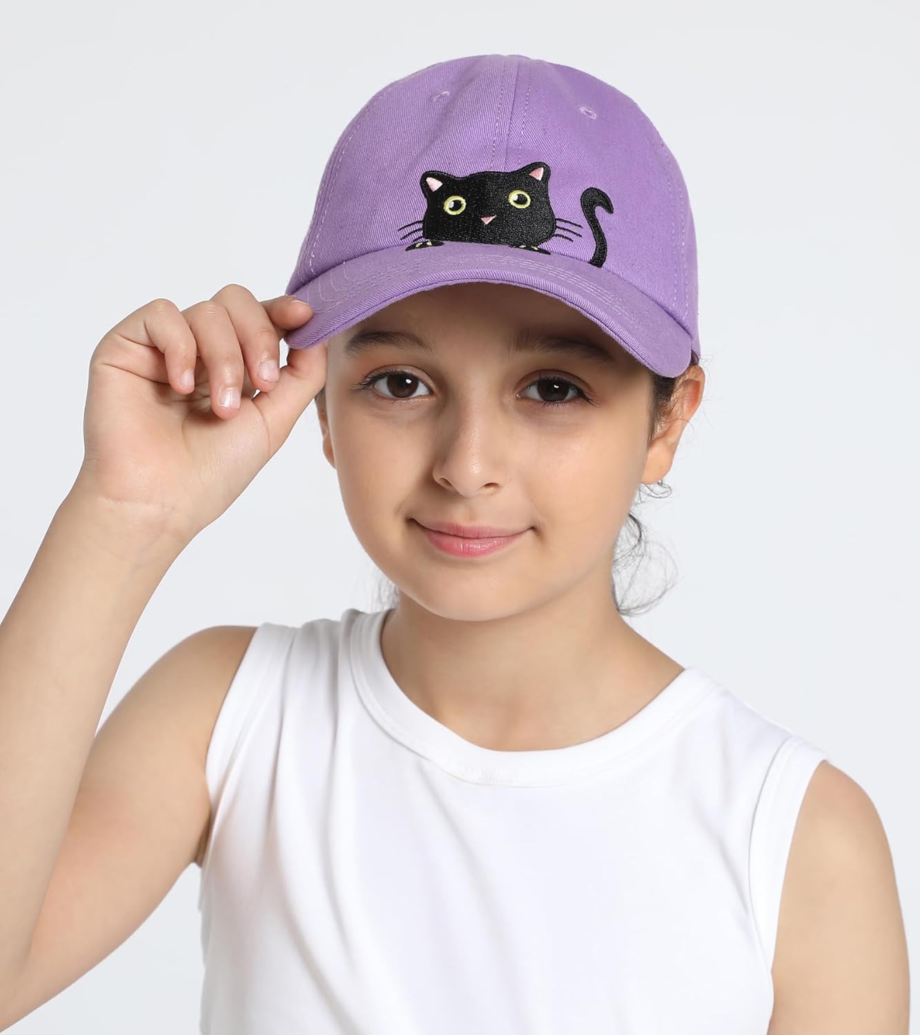 Girls Criss Cross Ponytail Hat Cute Embroidered Black Cat Hats for Girl Adjustable Cotton Baseball Cap for Kids Age 3-14 - Image 2