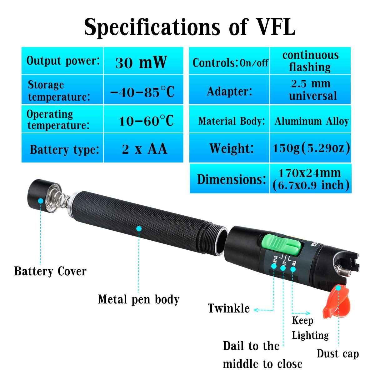 60% оƒƒ Dіѕсоunt FXWSKY Visual Fault Locator, 30mw 30km VFL Pen Fiber Optic Cable Tester with Universal 2.5mm Adapter for FC SC ST Connectors (Aluminum)