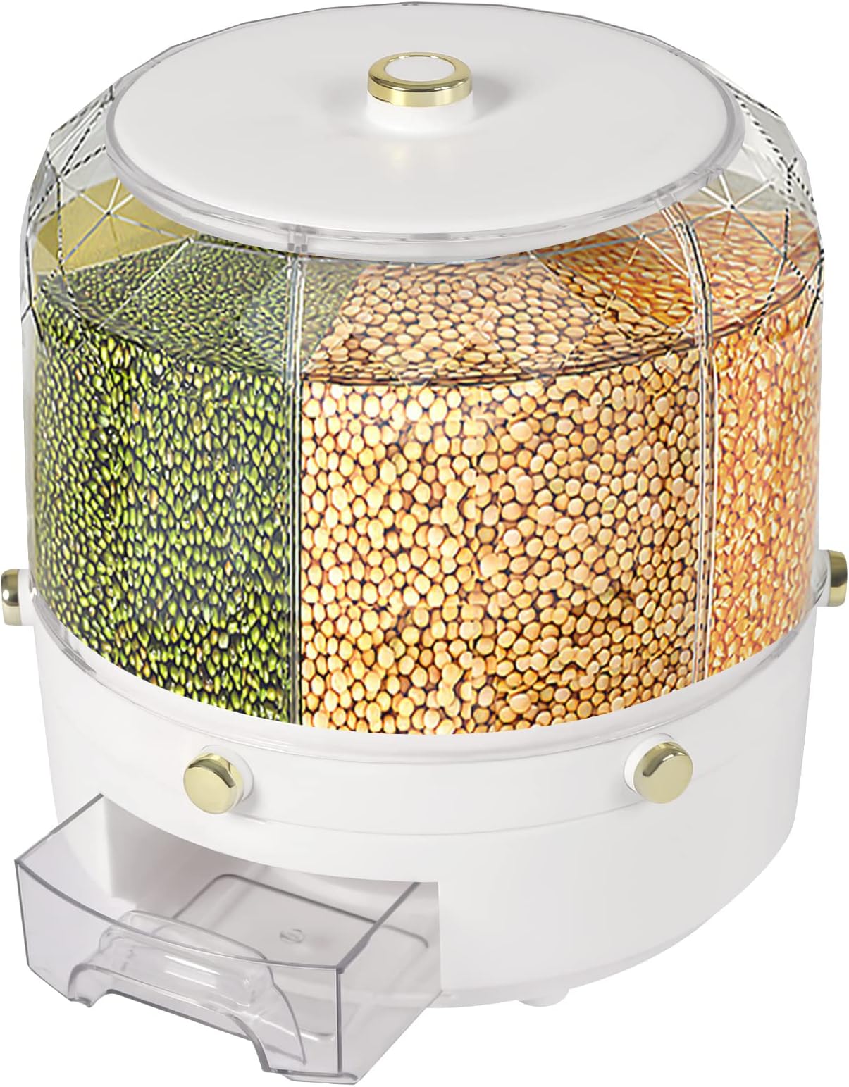 Rotating Grain Dispenser - 6 Compartment Transparent Countertop Container For Rice, Beans, Small Grains, 13 Lb Capacity