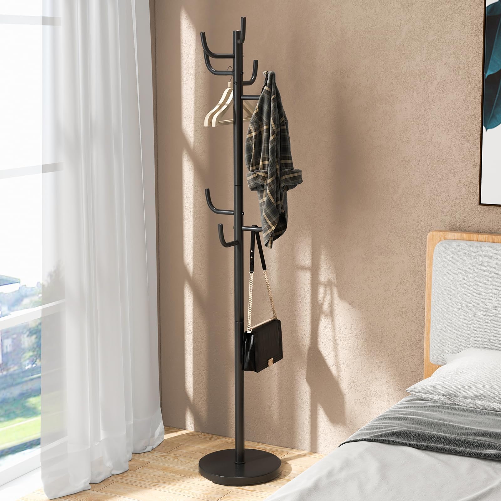 RELAX4LIFE Appendiabiti da Terra, Attaccapanni in Metallo con 8 Ganci per Vestiti, Borse e Cappello, Appendiabiti da Pavimento con Base Stabile per Salone, Ufficio e Negozio, Nero (30x175cm(ØxA))