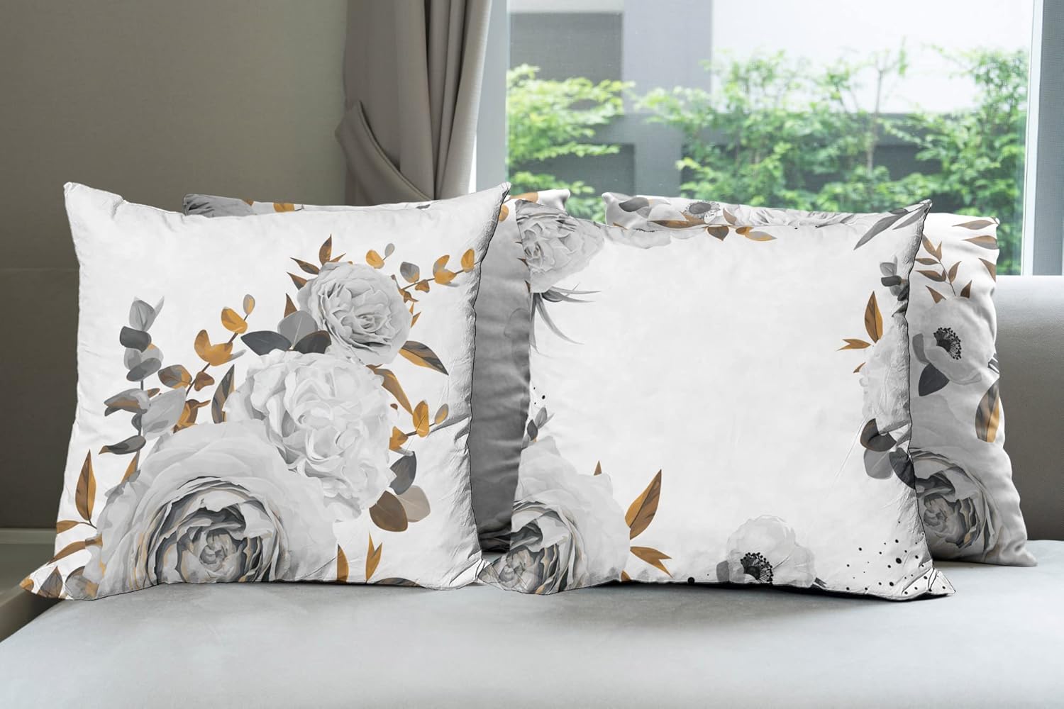 Ambesonne Floral Throw Pillow Cushion Case Pack of 4, Pastel Colored Romantic Style Blossoming Roses and Carnation Minimal Love, Modern Accent Double-Sided Digital Printing, 16", Pale Grey and Ginger