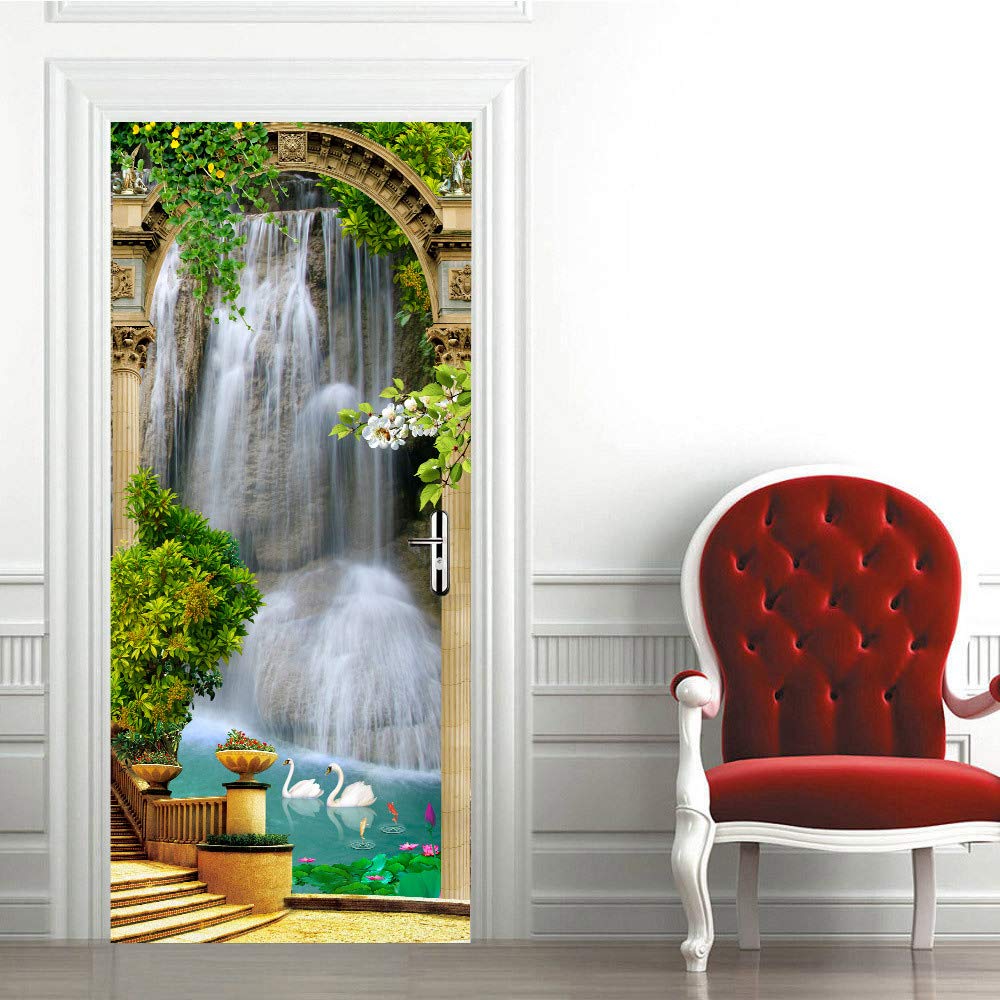 Autocollant Porte 3D Magnolia - 77x200 Cm - PVC Amovible, Imperméable - Déco Trompe-l'œil Pour Salon, Chambre - 3