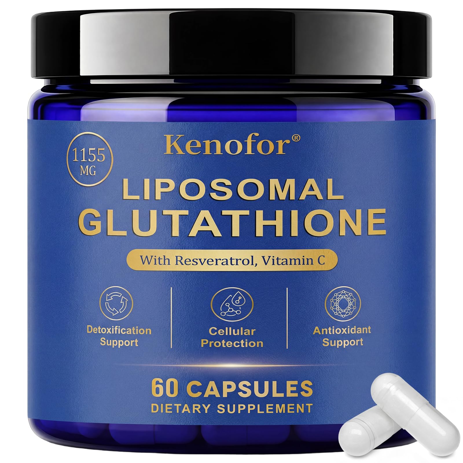 Liposomal Glutathione with Resveratrol, Vitamin C & Vitamin B2-1155mg, High Absorption L-Glutathione Supplement for Antioxidant Support, Cellular Health & Immune Support - 60 Capsules