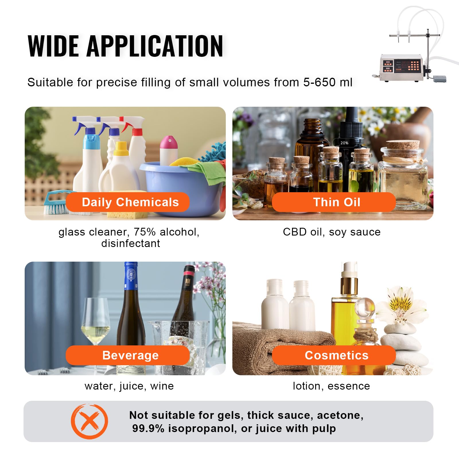 VEVOR Riempitrice Liquidi capacità di Pesatura 5-650 mL, Riempitrice Liquidi Automatica per Bottiglie Controllo Digitale, Riempitrice da Banco con Pompa Peristaltica Acqua Latte Vino Bevande Shampoo