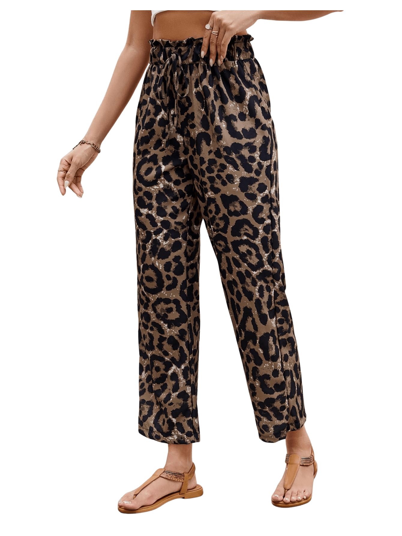 MakeMeChic Womens Leopard Print Pants Straight Leg Pants Elastic Waist Tie Front Trousers