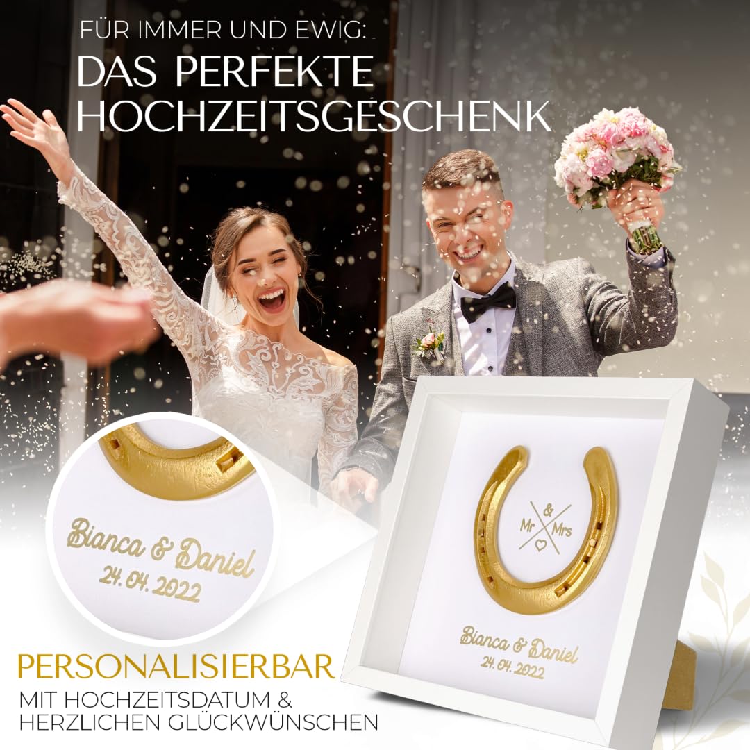 Hochzeitsgeschenk | Hufeisen im Bilderrahmen | Glückshufeisen mit Personalisierung | Personalisiertes Geschenk zur Hochzeit | Persönliches Geschenk Brautpaar | Geschenk Namen (Vergoldet/Weiß)