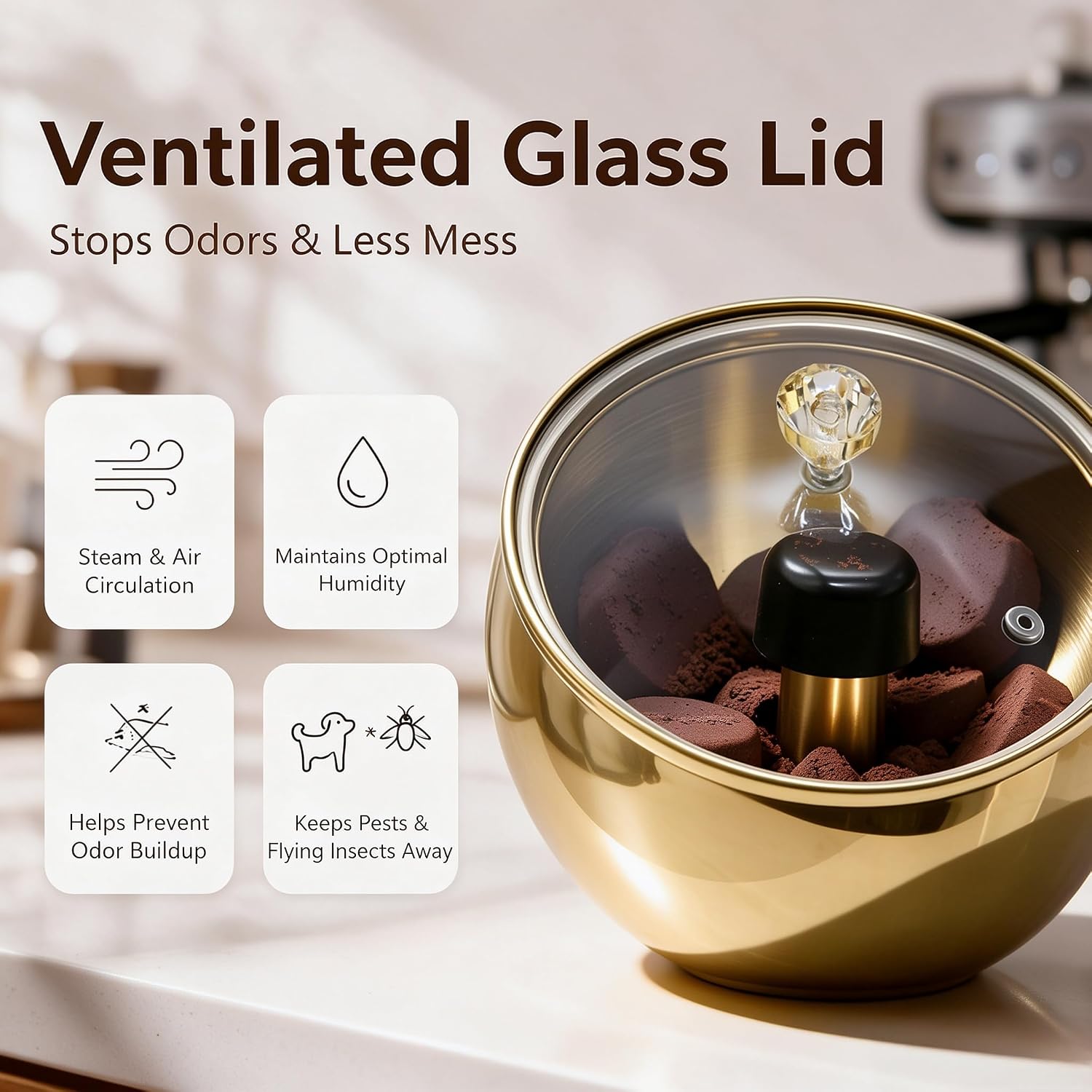 Upgraded 1.8L Espresso Knock Box with Glass Lid, Magnetic Knock Bar, Gold