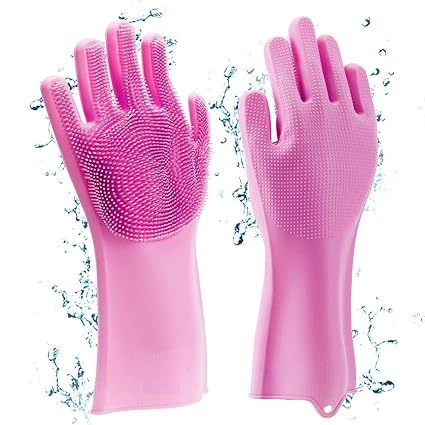 NIWRT Set of A Pair Magic Silicone Gloves Wash Scrubber Gloves Reusable Cleaning Brush Gloves Heat Resistant Scrub Rubber Glove for Dish Washing (Standard Size, Multicolour)